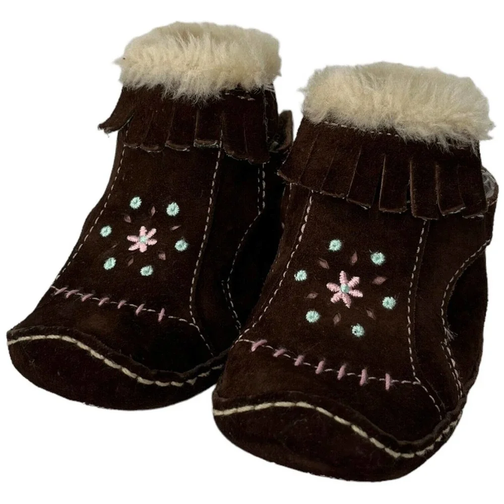 Stride Rite Leather Chincilla Moccasin Booties Embroidered Girls Brown 3